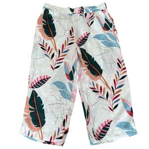 Cynthia Rowley 100% Linen Tropical Print Wide Leg Cropped Pull On Pants Size 2X